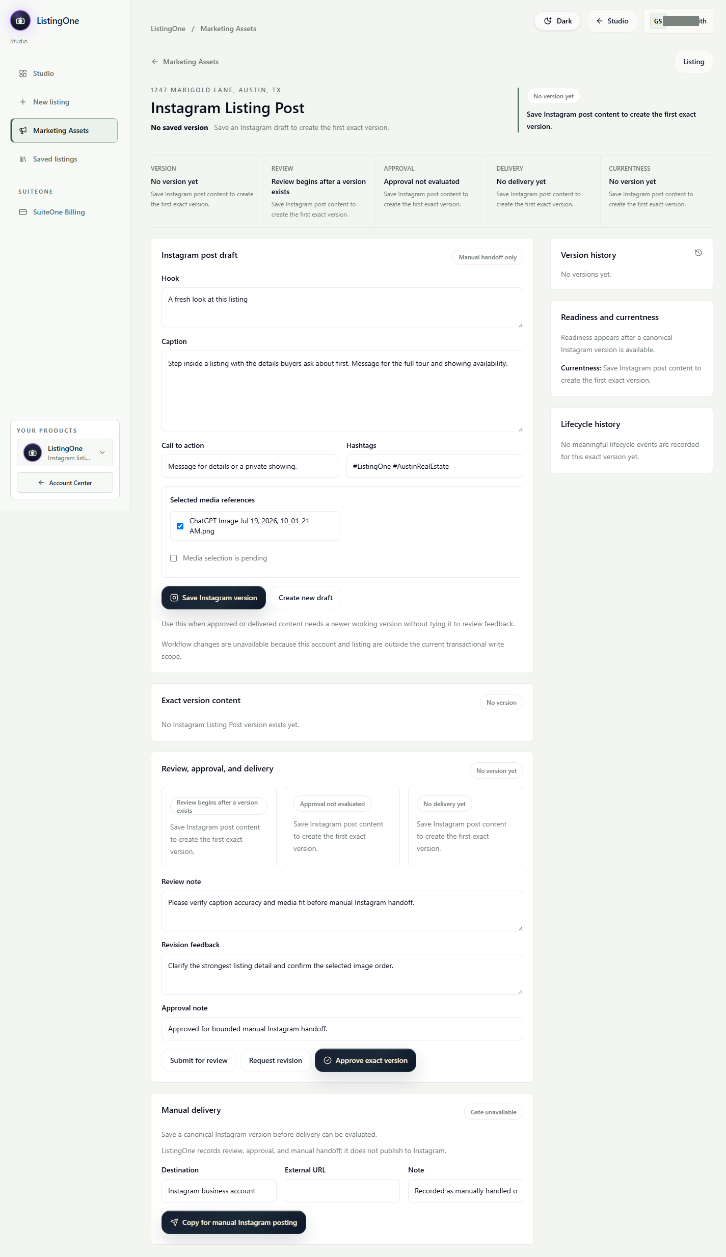 ListingOne Instagram Listing Post workspace with caption and lifecycle details.