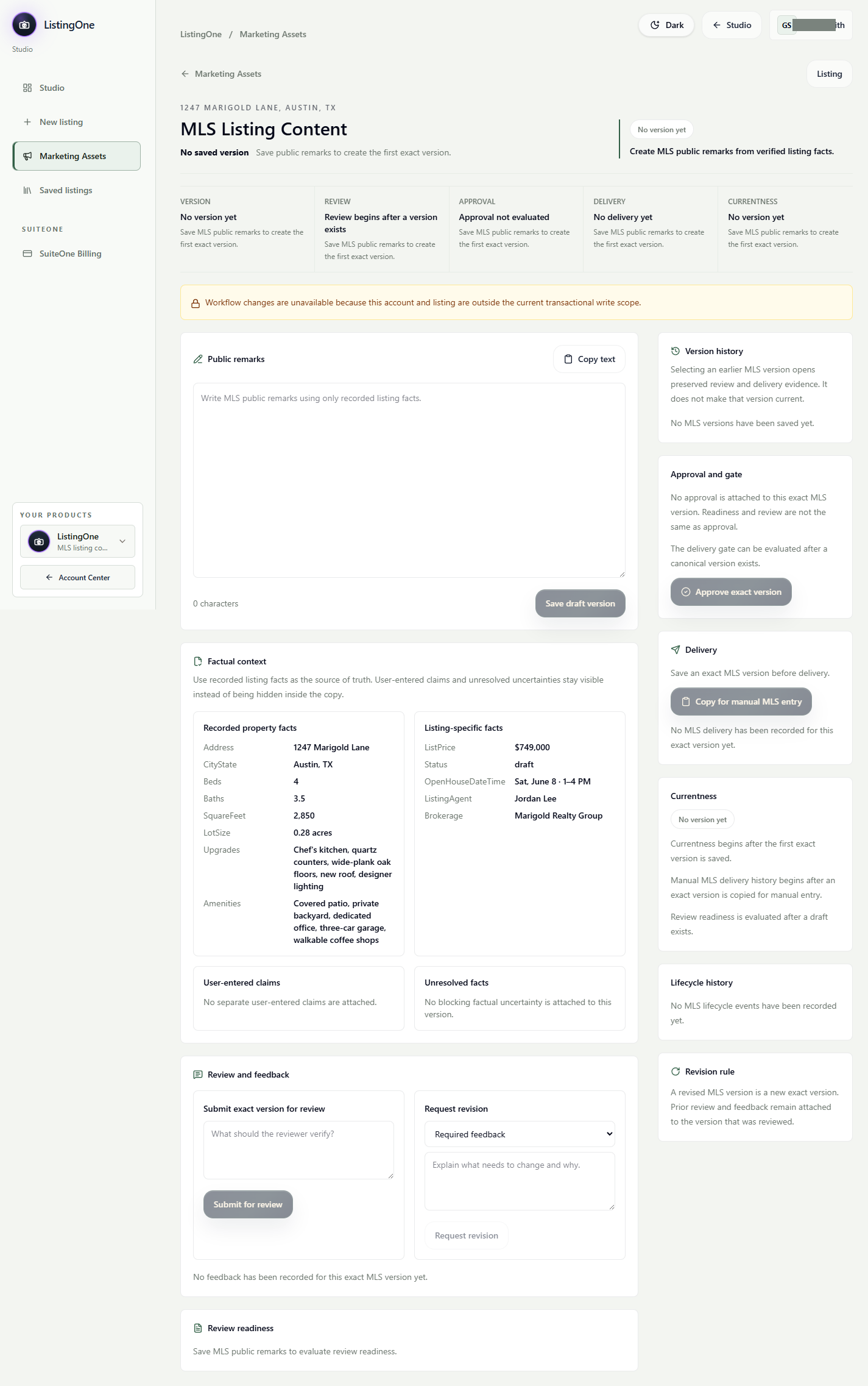 ListingOne MLS Listing Content workspace with version and review details.